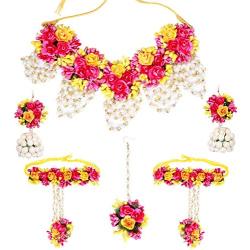 SANARA Indian Flower Bridal Necklace Earring Tikka Set with Hath Phool Women Traditional Mehendi Necklace Gota Jewelry Pink & Red Rose Flower Gota Patti Jewelry Set