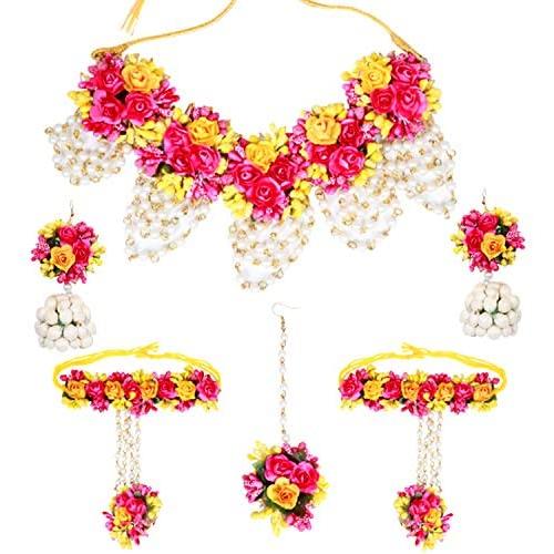 SANARA Indian Flower Bridal Necklace Earring Tikka Set with Hath Phool Women Traditional Mehendi Necklace Gota Jewelry Pink & Red Rose Flower Gota Patti Jewelry Set