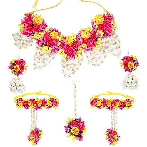 SANARA Indian Flower Bridal Necklace Earring Tikka Set with Hath Phool Women Traditional Mehendi Necklace Gota Jewelry Pink & Red Rose Flower Gota Patti Jewelry Set