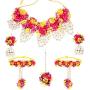 SANARA Indian Flower Bridal Necklace Earring Tikka Set with Hath Phool Women Traditional Mehendi Necklace Gota Jewelry Pink & Red Rose Flower Gota Patti Jewelry Set