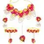 SANARA Indian Flower Bridal Necklace Earring Tikka Set with Hath Phool Women Traditional Mehendi Necklace Gota Jewelry Pink & Red Rose Flower Gota Patti Jewelry Set
