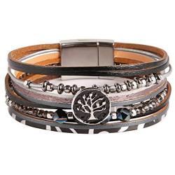 HZMAN Tree of Life Leather Cuff Bracelet Magnetic Rhinestone Small Steel Ball Multi Strand Wrap Bracelet Bohemian Jewelry for Women
