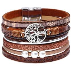 MallDou Jewelry Tree of Life Wrap Boho Leather Wide Cuff Handmade Wristbands Braided Magnetic Buckle Bangle Bracelet Gift for Women Girl