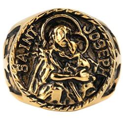 AsAlways Gold-Plated Stainless Steel St. Saint Joseph Medal Protect US Amulet Stainless Steel Solid Cross Catholics Ring