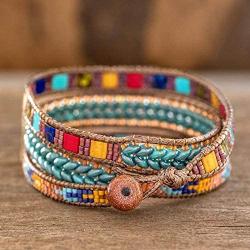 NOVICA Aventurine and Glass Blue and Red Beaded Bohemian Wrap Bracelet, 22'' Colors of Hope