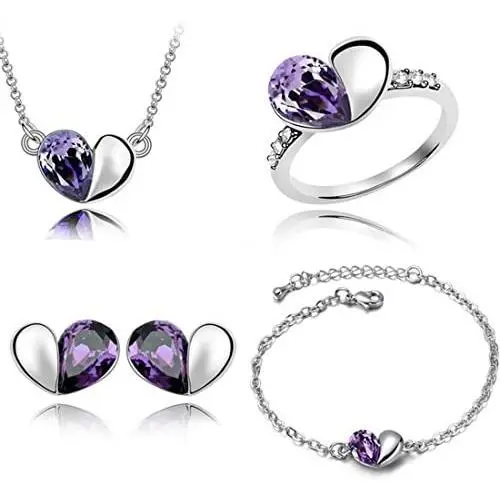MAFMO Crystal Jewelry Set 4pcs Love Heart Shaped Necklace Bracelet Earrings Ring MAFMO Crystal Jewelry Set 4pcs Love Heart Shaped Necklace Bracelet Earrings Ring