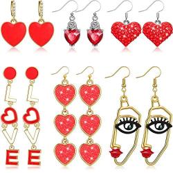 6 Pairs Valentines Day Colorful Love Earrings Red Interlocking Heart Dangle Earrings Set Birthstone Jewelry Heart Human Face Dangle Earring for Women Girls