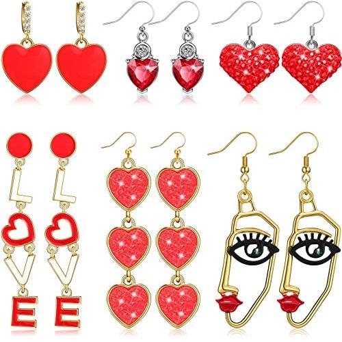 6 Pairs Valentines Day Colorful Love Earrings Red Interlocking Heart Dangle Earrings Set Birthstone Jewelry Heart Human Face Dangle Earring for Women Girls