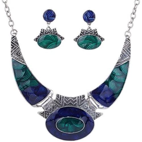 YAZILIND Ethnic Color Embossed Oval Gangle Bib Collar Earrings Necklace Jewelry Set Women