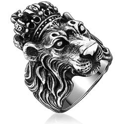 Lion Head Ring for Men, Punk Animal King Crown Lion Ring, Hip Hop Cross Ring, Lion Totem Ring, Amulet Ring, Heavy Metal Rock Punk Style Gothic Biker Ring, Viking Lion Jewelry Gift for Men Boys