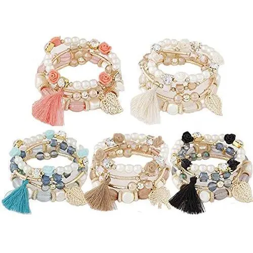 Weicam Women Girls Jewellery 5 Pack Vintage Boho Crystal Multilayer Beaded Bracelet Stretch Tassel Bangle Bracelet Weicam Women Girls Jewellery 5 Pack Vintage Boho Crystal Multilayer Beaded Bracelet Stretch Tassel Bangle Bracelet
