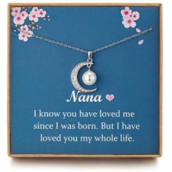Nana Gifts Best Grandma Necklace - Sterling Silver Pearl Pendant Moon Crystal CZ Generation Necklace for Grandmother, Mom Gifts, Nana Gifts from children, Mothers Day Card from Daughter, Birthday Gift