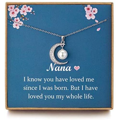 Nana Gifts Best Grandma Necklace - Sterling Silver Pearl Pendant Moon Crystal CZ Generation Necklace for Grandmother, Mom Gifts, Nana Gifts from children, Mothers Day Card from Daughter, Birthday Gift