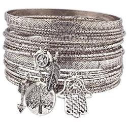 LUX ACCESSORIES Burnish Silver Tree of Life Boho Charm Bangle Set