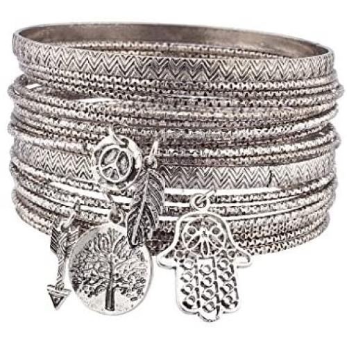 LUX ACCESSORIES Burnish Silver Tree of Life Boho Charm Bangle Set