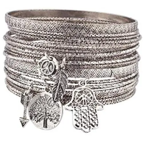 LUX ACCESSORIES Burnish Silver Tree of Life Boho Charm Bangle Set