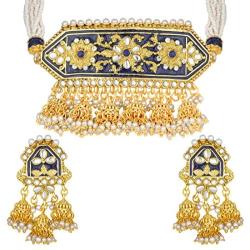 Aheli Indian Traditional Pearl and Kundan Choker Necklace with Earrings Set Bollywood Wedding Party Wear Jewelry for Women