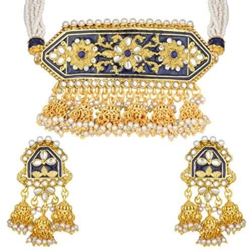Aheli Indian Traditional Pearl and Kundan Choker Necklace with Earrings Set Bollywood Wedding Party Wear Jewelry for Women