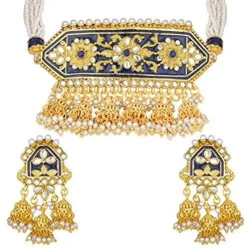 Aheli Indian Traditional Pearl and Kundan Choker Necklace with Earrings Set Bollywood Wedding Party Wear Jewelry for Women Aheli Indian Traditional Pearl and Kundan Choker Necklace with Earrings Set Bollywood Wedding Party Wear Jewelry for Women