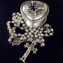 elegantmedical HANDMADE SILVER ROSE BEADS CATHOLIC Saint St Benedict ROSARY BLACK CROSS NECKLACE & NICE METAL JEWELLERY BOX