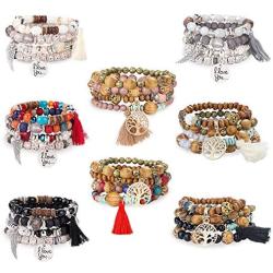 FIBO STEEL 8 Pcs Bohemian Stackable Wood Beads Bracelets for Women Boho Multilayer Stretch Bracelet Set Statement Tassel Bangles