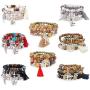 FIBO STEEL 8 Pcs Bohemian Stackable Wood Beads Bracelets for Women Boho Multilayer Stretch Bracelet Set Statement Tassel Bangles