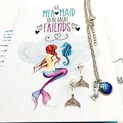 Smiling Wisdom - We Mer-maid to Be Friends Greeting Card Gift Set - Blue Green Scale Mermaid Necklace and Drop Stud Sparkle Earrings Cute Jewelry for Girls, Tween, Teen, Woman Friend - Silver Blue