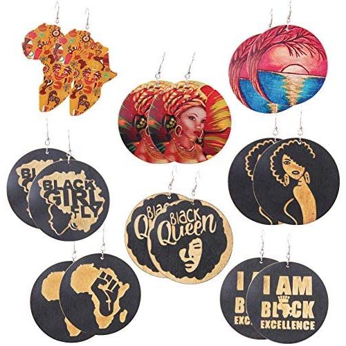 Wooden Earrings Women African - 8 Pair Ethnic Wood Earrings Dangle, Painted & Carved Elegant Queen Style Earrings, Lightweight, Best Idea for Women, Girl, Lover, Sister