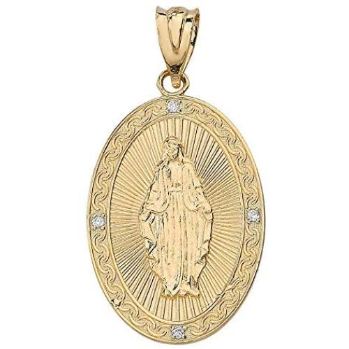 10k Yellow Gold Blessed Virgin Mary Miraculous Oval Medal Diamond Pendant (1'')