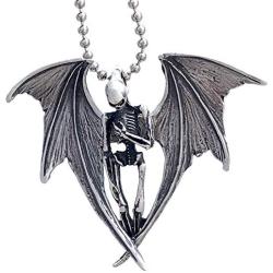 Gothic Halloween Horror Jewelry Winged Vampire Skull Skeleton Corpse Angel of Death Punk Rock Heavy-Metal Biker Protection Amulet Pewter Unisex Mens Pendant Necklace Charm for men Silver Ball Chain