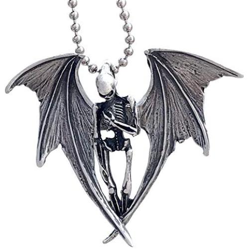 Gothic Halloween Horror Jewelry Winged Vampire Skull Skeleton Corpse Angel of Death Punk Rock Heavy-Metal Biker Protection Amulet Pewter Unisex Mens Pendant Necklace Charm for men Silver Ball Chain