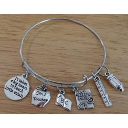 Kits Kiss Teacher Bracelet, No. 1 Teacher Charm, Best Teacher Charm, Book, Ruler, Pencil, Teacher Charm Bracelet, Teacher Jewelry, Gift for Teacher, Teacher Bangle Bracelet