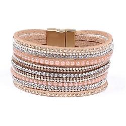 Artilady Leather Wrap Bracelet for Women - Handmade Clasp Bangle Bracelet with Pearl Druzy Crystal Wristbands Jewelry Gift for Sisters, Teen Girls and Mother