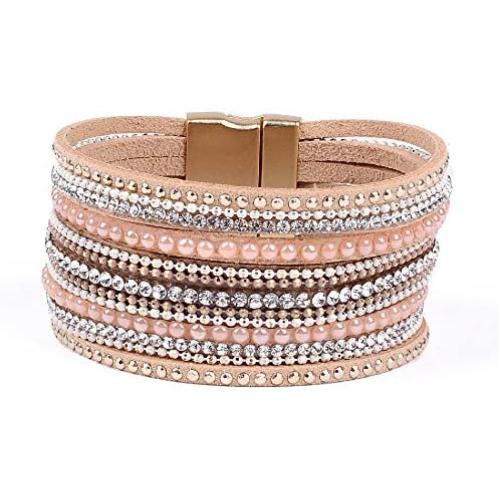 Artilady Leather Wrap Bracelet for Women - Handmade Clasp Bangle Bracelet with Pearl Druzy Crystal Wristbands Jewelry Gift for Sisters, Teen Girls and Mother