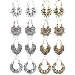 FIBO STEEL 8 Pairs Vintage Mandala Flower Gypsy Drop Dangle Earrings for Women Boho Retro Tribal Hollow Earrings Set