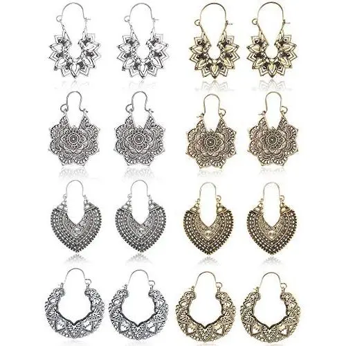 FIBO STEEL 8 Pairs Vintage Mandala Flower Gypsy Drop Dangle Earrings for Women Boho Retro Tribal Hollow Earrings Set FIBO STEEL 8 Pairs Vintage Mandala Flower Gypsy Drop Dangle Earrings for Women Boho Retro Tribal Hollow Earrings Set