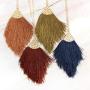 RIAH FASHION Antique Bohemian Silky Thread Fan Tassel Statement Necklace - Vintage Gold Feather Shape Strand Fringe Lightweight Long Chain