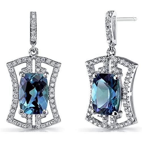 Peora Simulated Alexandrite Drop Earrings in Sterling Silver, Art Deco Dangling Design, Cushion Cut, 6.50 Carats total, Friction Backs