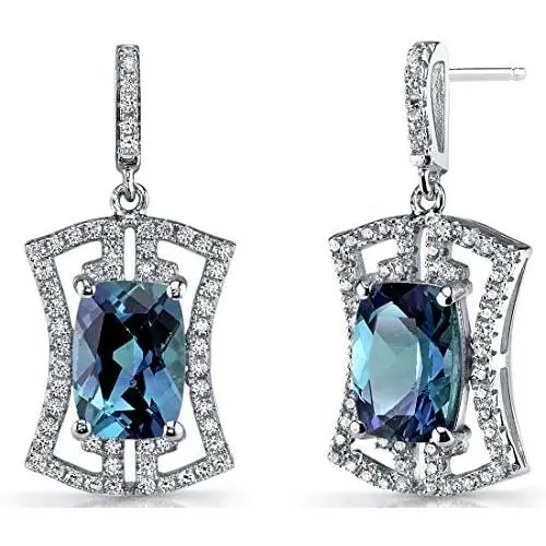 Peora Simulated Alexandrite Drop Earrings in Sterling Silver, Art Deco Dangling Design, Cushion Cut, 6.50 Carats total, Friction Backs Peora Simulated Alexandrite Drop Earrings in Sterling Silver, Art Deco Dangling Design, Cushion Cut, 6.50 Carats total, Friction Backs