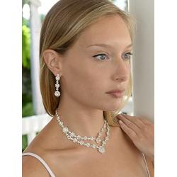 Mariell Silver 2 Row Rhinestone Crystal Necklace and Earrings Set - Prom, Brides and Bridesmaids Jewelry