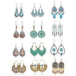 Florideco 12 Pairs Bohemian Vintage Drop Earrings Retro Boho Dangle Earrings for Women Waterdrop Petal Leaf Earrings Set