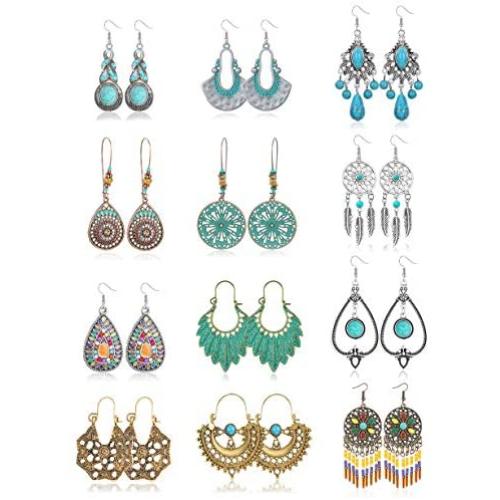 Florideco 12 Pairs Bohemian Vintage Drop Earrings Retro Boho Dangle Earrings for Women Waterdrop Petal Leaf Earrings Set