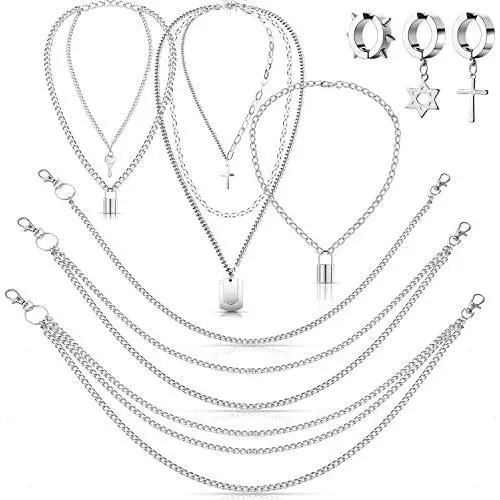 9 Pieces Punk Layered Eboy Necklace Jeans Wallet Pants Chain Earring Set 9 Pieces Punk Layered Eboy Necklace Jeans Wallet Pants Chain Earring Set