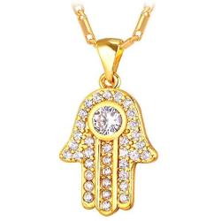 U7 Women 18K Gold Platinum Plated Cubic Zirconia Hand of Fatima Heart Design Lucky Hansa Pendant Necklace