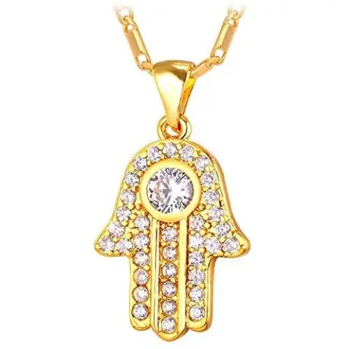 U7 Women 18K Gold Platinum Plated Cubic Zirconia Hand of Fatima Heart Design Lucky Hansa Pendant Necklace