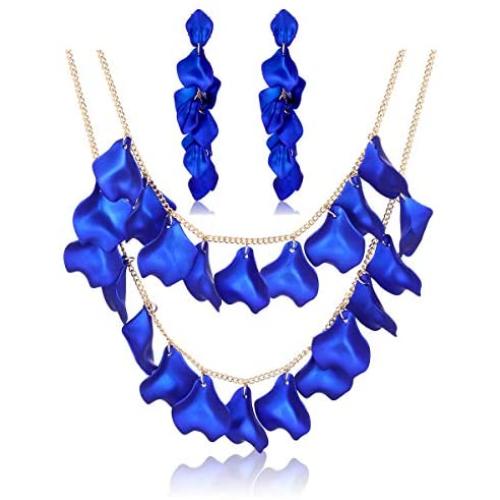 Flower Petals Necklace Earrings Set for Women Layered Petals Cluster Dangle earrings Collar Necklace Jewelry Set