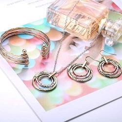 ORAZIO Metal Statement Jewelry Set for Women Triple Circles Pendant Necklace Dangle Earrings Cuff Bracelet