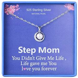 Bonus Mom Gifts for Step Mom Mother Birthday Necklace 925 Sterling Silver Single Pearl Pendant Moon CZ Cubic Zirconia Step Mom From Step Daughter Jewelry for Women