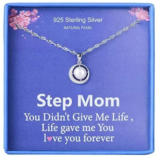 Bonus Mom Gifts for Step Mom Mother Birthday Necklace 925 Sterling Silver Single Pearl Pendant Moon CZ Cubic Zirconia Step Mom From Step Daughter Jewelry for Women