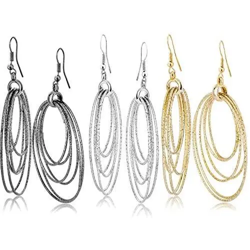 Fashion Costume Jewelry Dangle Drop Circle Hoop Earrings Set For Women Teen Silver Gold Black Tone Fashion Costume Jewelry Dangle Drop Circle Hoop Earrings Set For Women Teen Silver Gold Black Tone